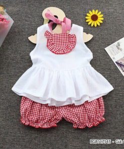 Set áo linen bèo túi trước quần bí caro dễ thương cho bé gái